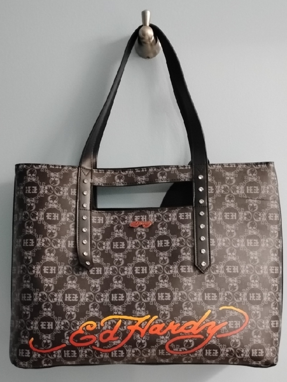 Ed Hardy Black Floral Tote with Cross Patch and Orange Script - Picture 4 of 6